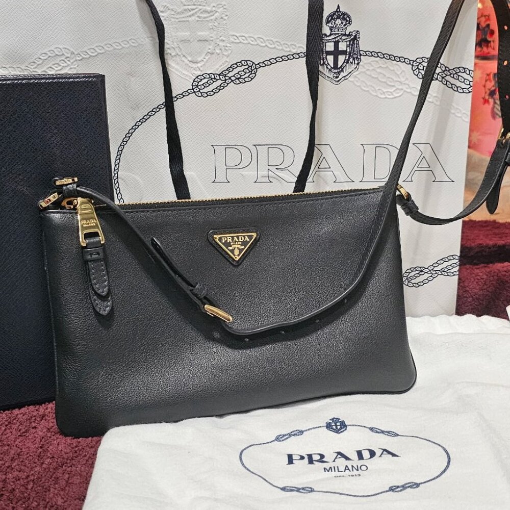 Prada Black Saffiano Leather Zip Crossbody Bag w/ AURA Card